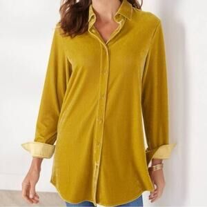 Soft Surroundings Womens L Velvet Boyfriend Shirt in Amber Green NEW